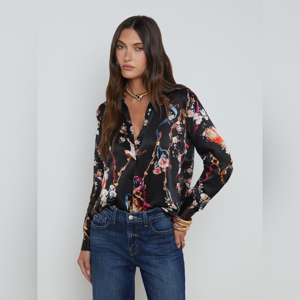 NWT $350 L'Agence Tyler Floral Silk Button-Front Blouse